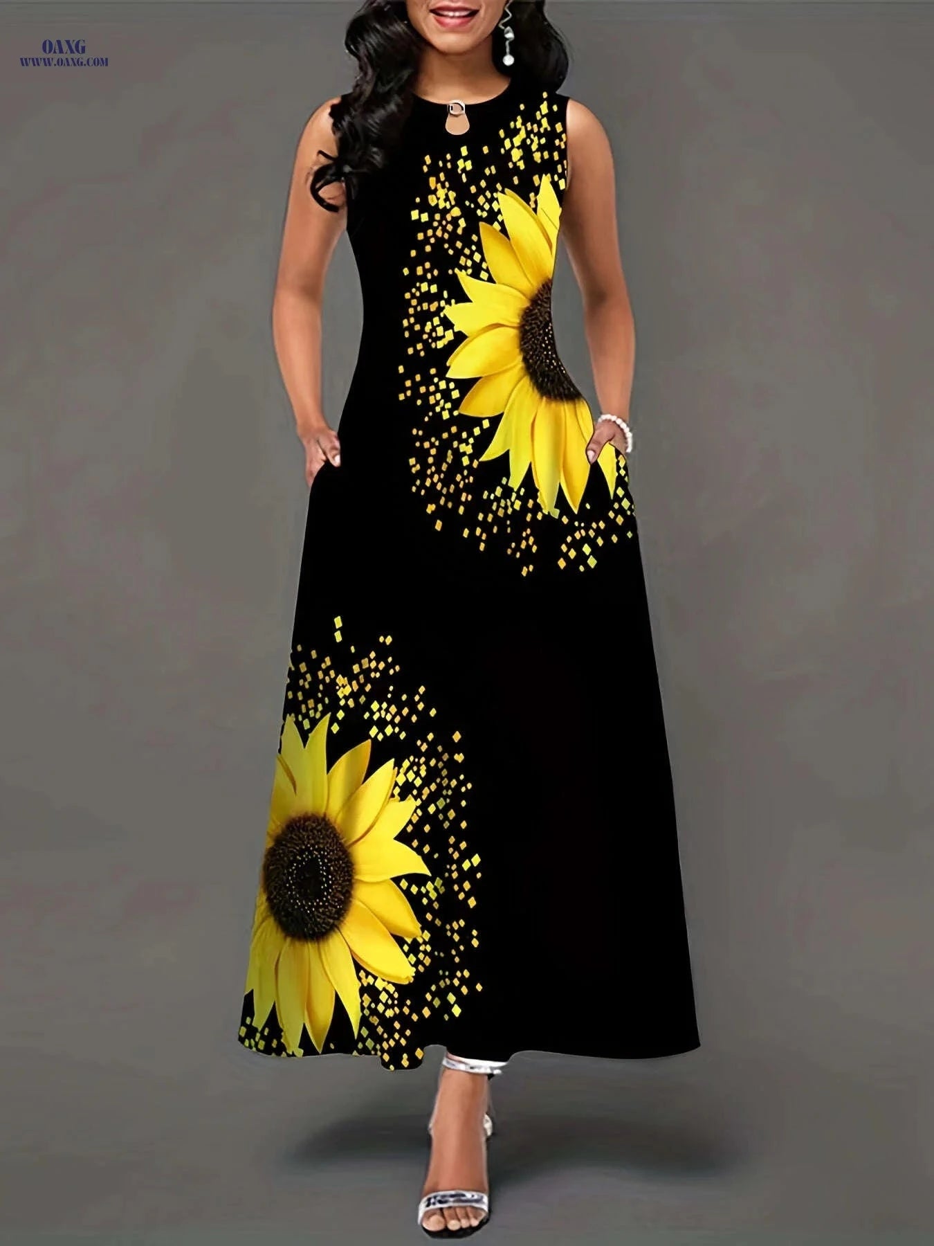 Vintage Sunflower Print Sleeveless Dress - Casual Long Pocket Style   OAXG Black / S