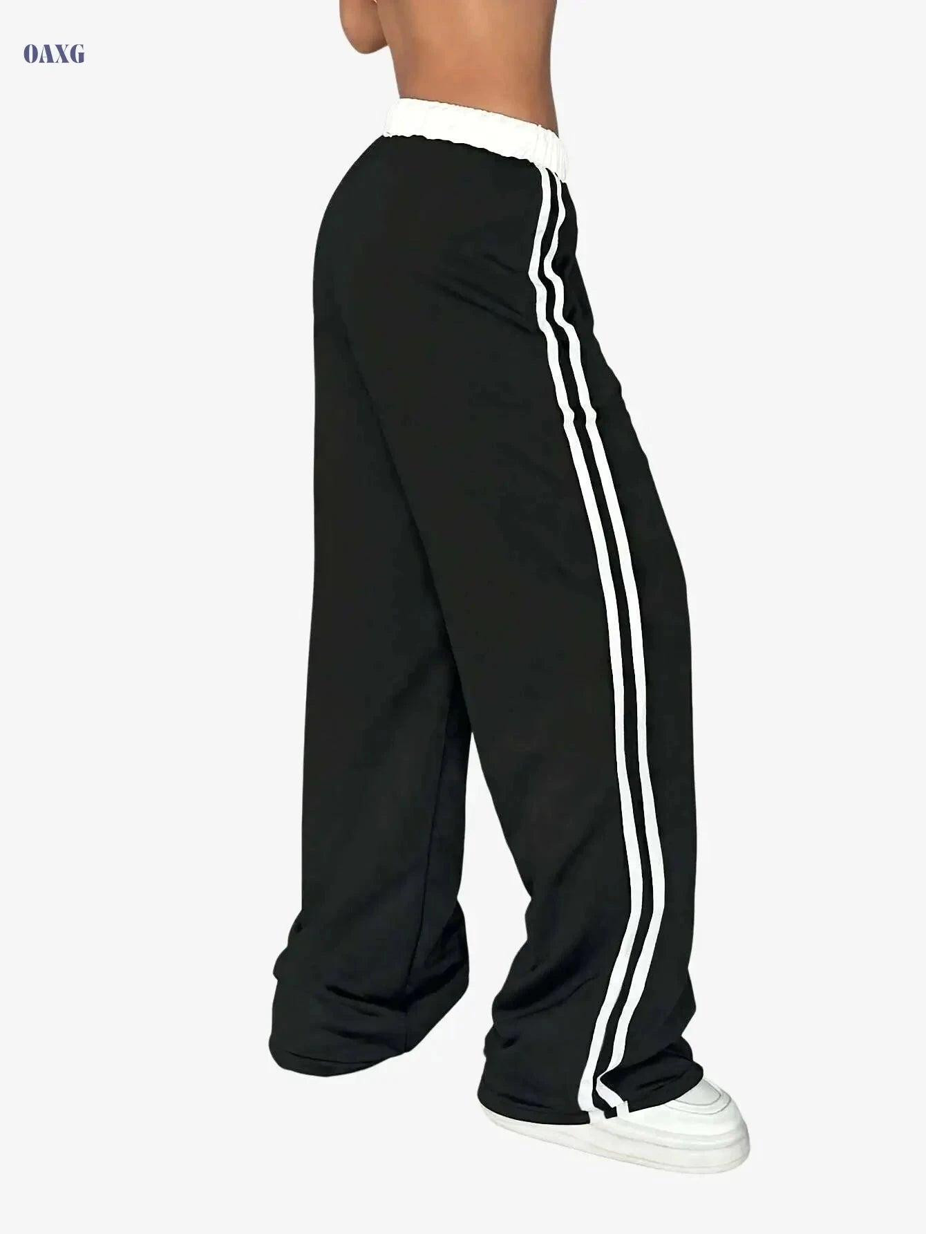 Vintage Wide-Leg Athletic Pants - Casual, Elastic Waist, All-Season   OAXG 