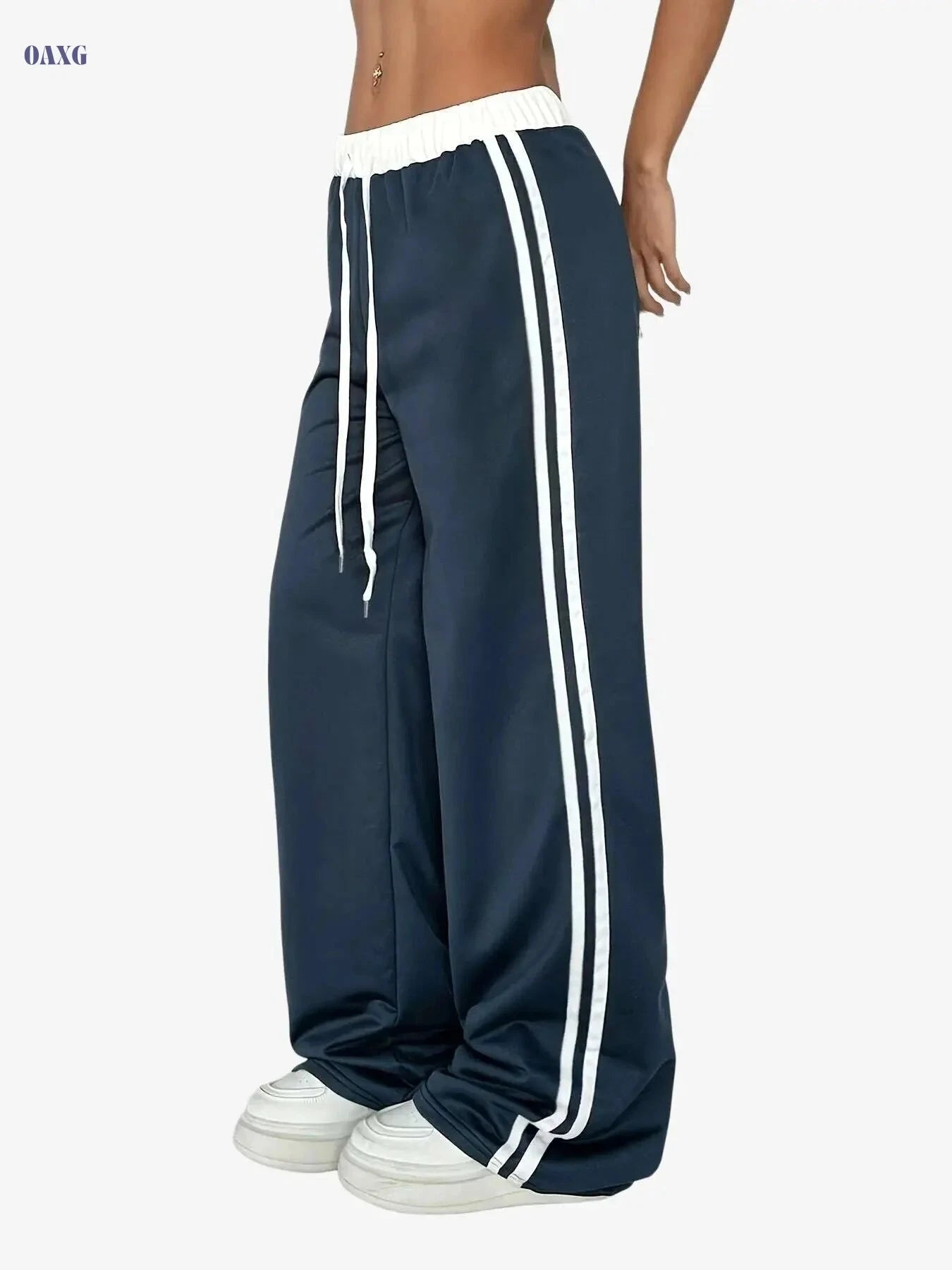 Vintage Wide-Leg Athletic Pants - Casual, Elastic Waist, All-Season   OAXG 