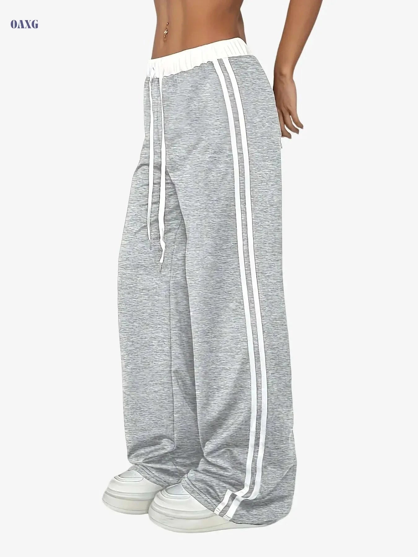 Vintage Wide-Leg Athletic Pants - Casual, Elastic Waist, All-Season   OAXG 