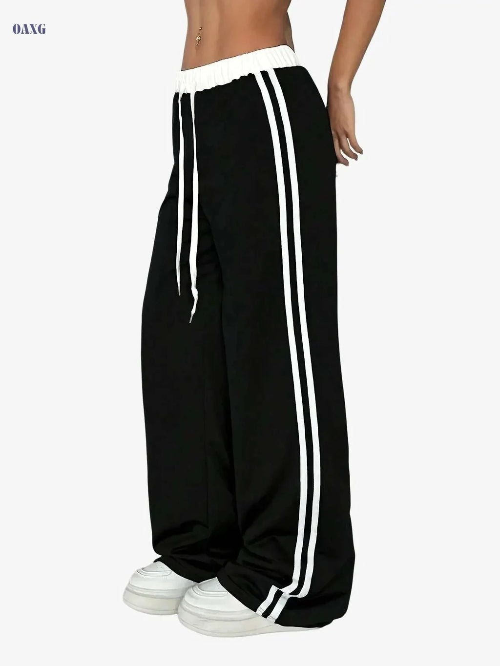 Vintage Wide-Leg Athletic Pants - Casual, Elastic Waist, All-Season   OAXG Navy Blue / S