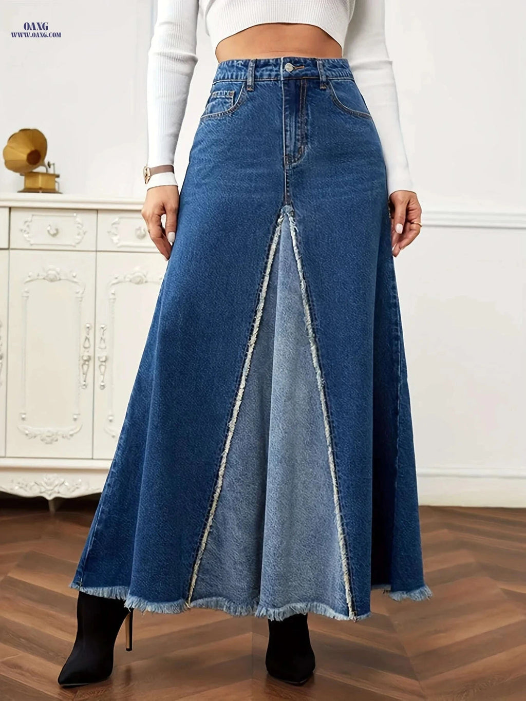 Vintage Women's Long Denim Patchwork Skirt - Western Style, Regular Fit   OAXG 