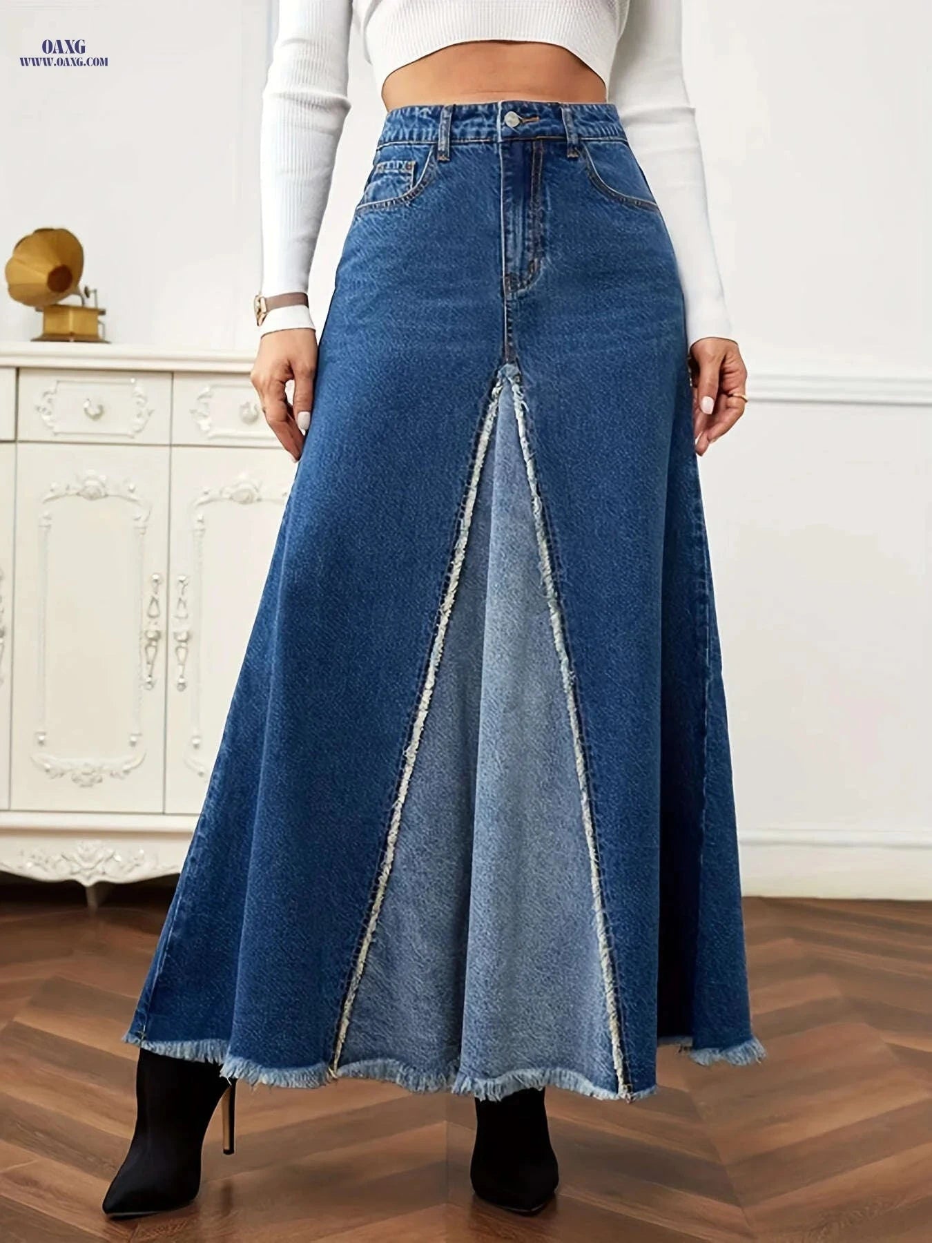 Vintage Women's Long Denim Patchwork Skirt - Western Style, Regular Fit   OAXG 