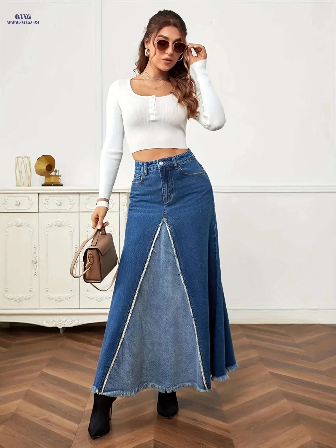 Vintage Women's Long Denim Patchwork Skirt - Western Style, Regular Fit   OAXG 