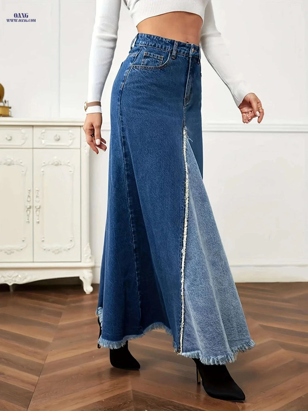 Vintage Women's Long Denim Patchwork Skirt - Western Style, Regular Fit   OAXG Dark Blue / XS