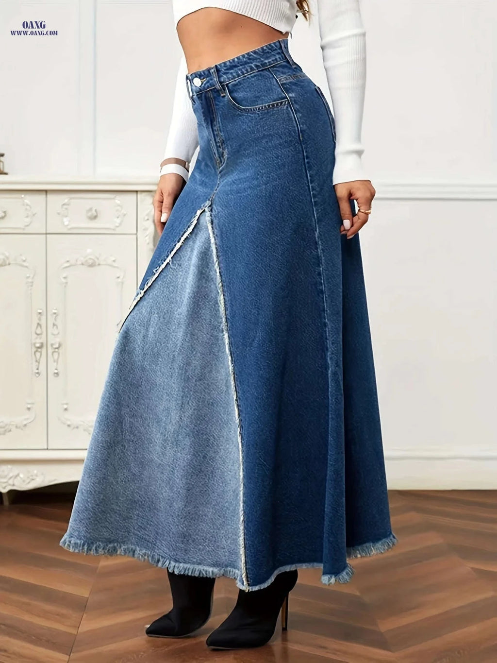 Vintage Women's Long Denim Patchwork Skirt - Western Style, Regular Fit   OAXG Dark Blue / XS