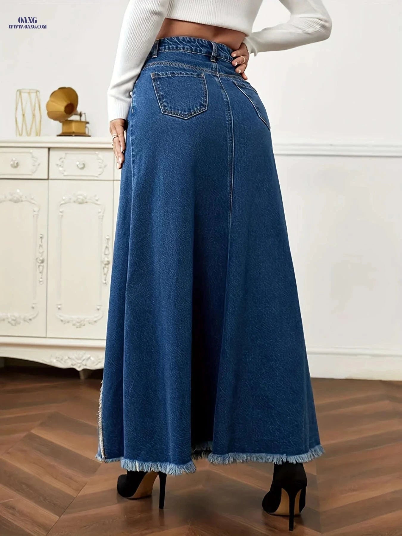 Vintage Women's Long Denim Patchwork Skirt - Western Style, Regular Fit   OAXG Dark Blue / XS