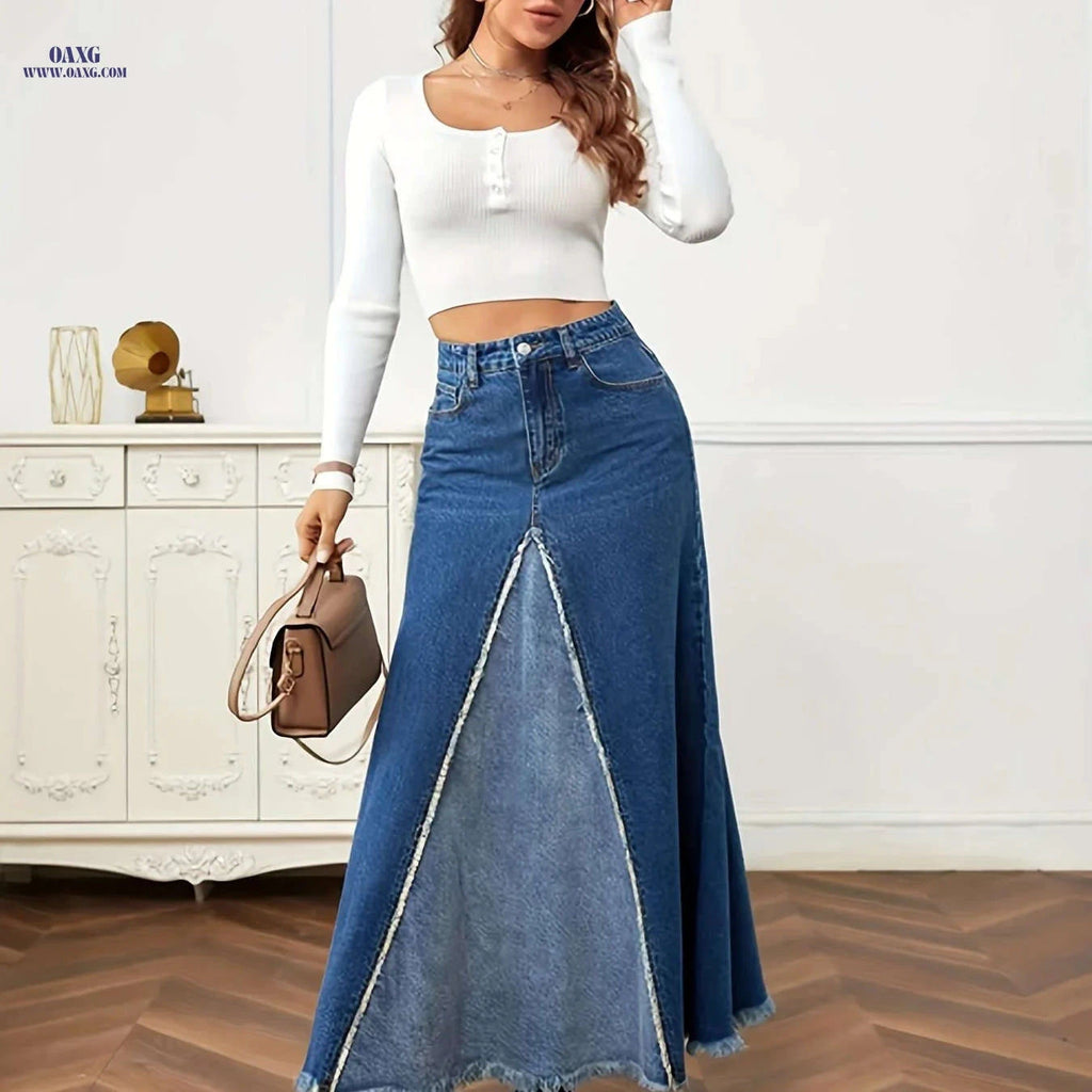 Vintage Women's Long Denim Patchwork Skirt - Western Style, Regular Fit   OAXG Dark Blue / XS