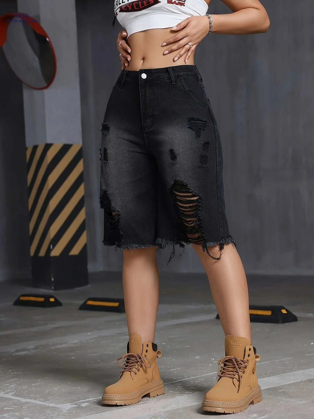 Vintage Women's Ripped Denim Bermuda Shorts - Summer Style, 345g/m²   OAXG 