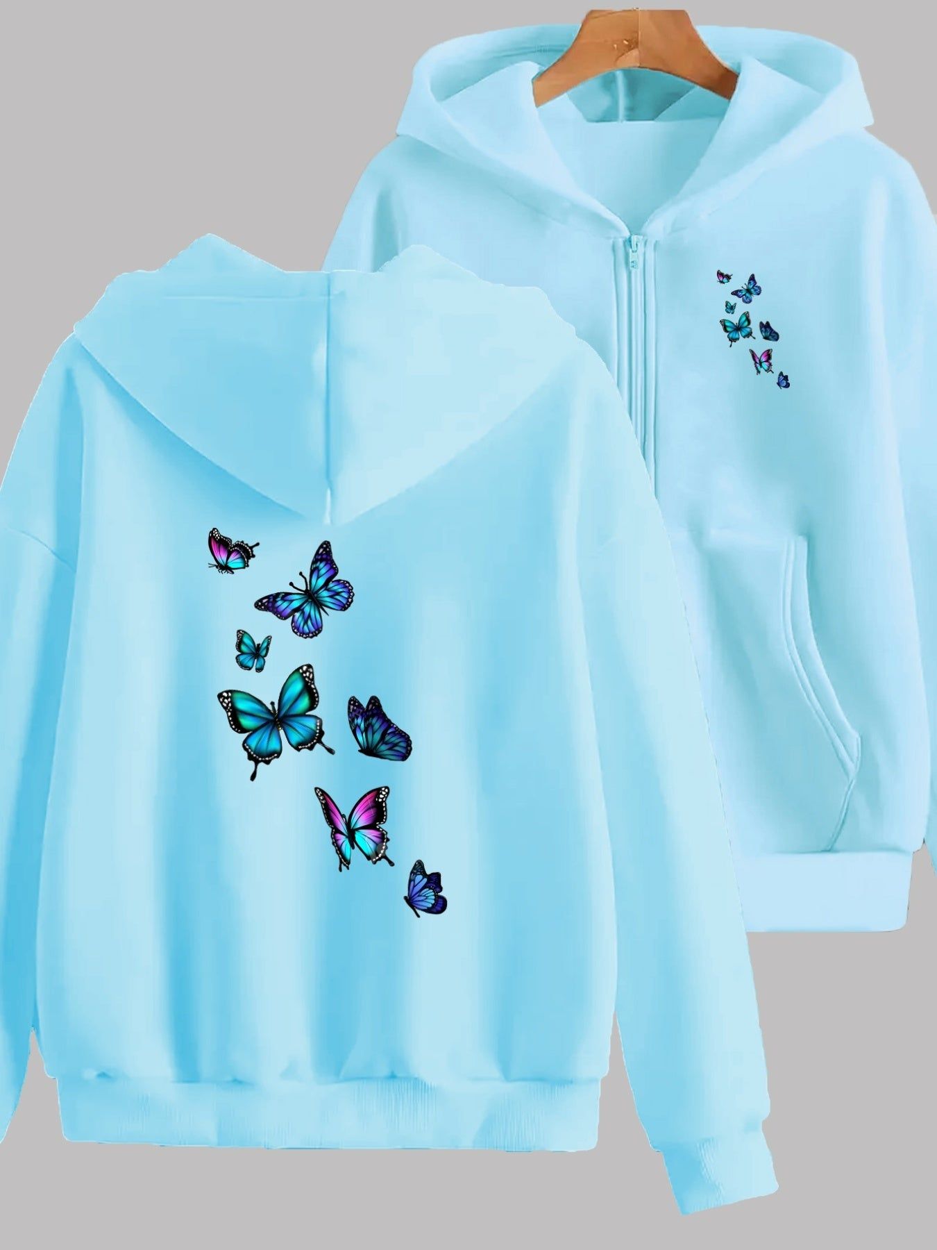 Vivid and Lively Multi-colored Butterfly Print Design with Two Pattern Prints on the Front and Back - Y2K Casual Style Zip-up Hoodie - Stylish and Comfortable Zip-up Jacket - Casual Sportswear Suitable for All Seasons | Fashionable Casual