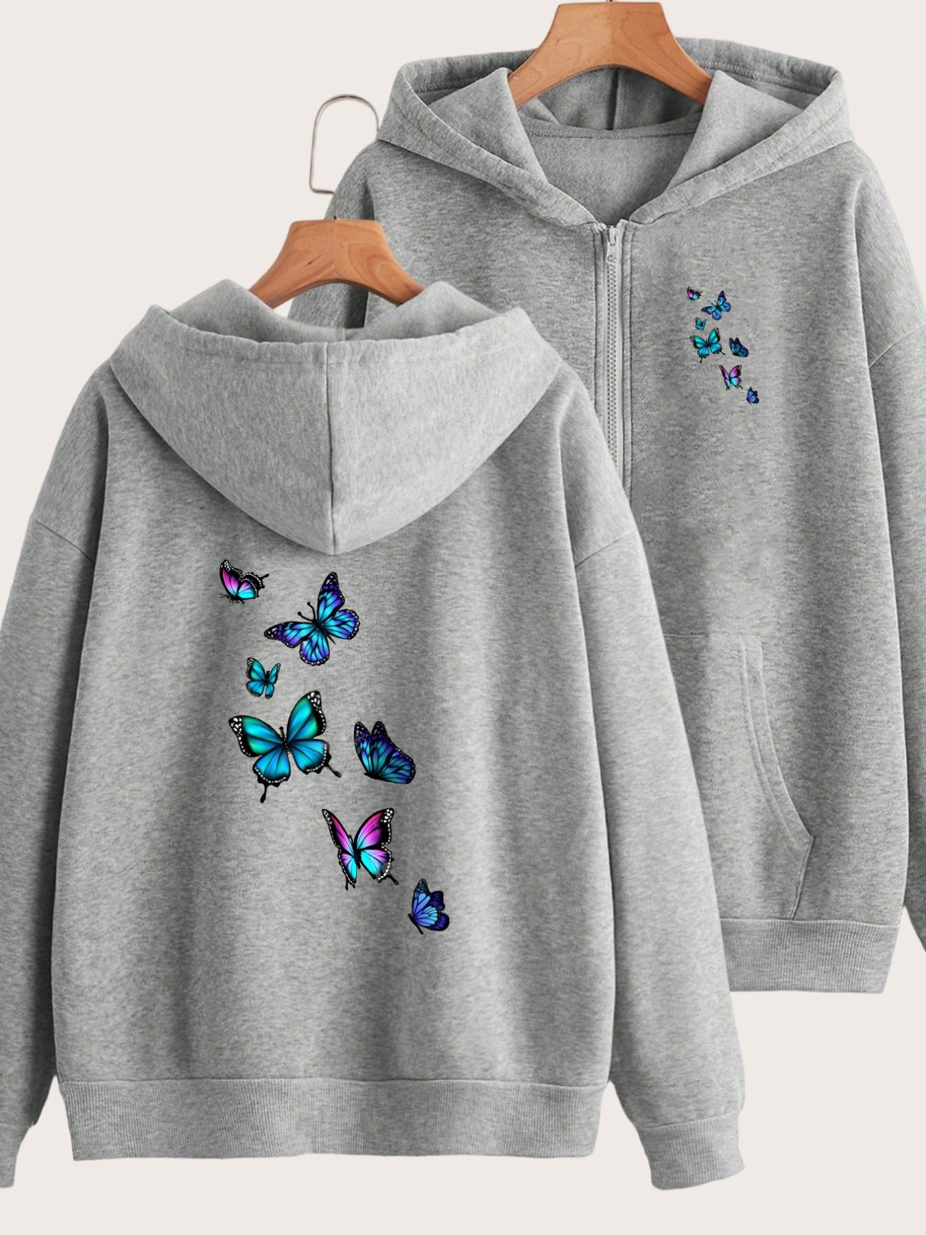 Vivid and Lively Multi-colored Butterfly Print Design with Two Pattern Prints on the Front and Back - Y2K Casual Style Zip-up Hoodie - Stylish and Comfortable Zip-up Jacket - Casual Sportswear Suitable for All Seasons | Fashionable Casual