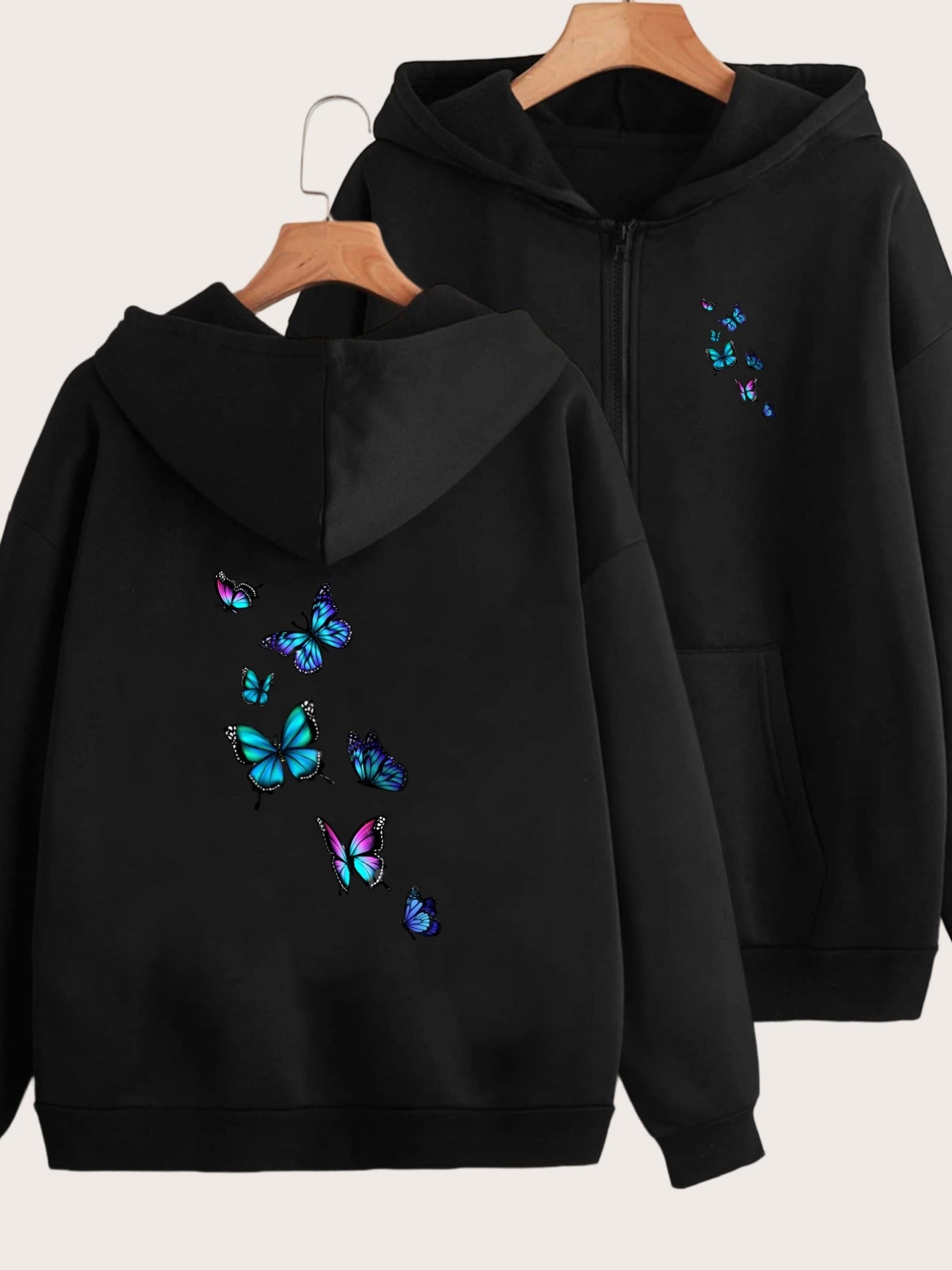 Vivid and Lively Multi-colored Butterfly Print Design with Two Pattern Prints on the Front and Back - Y2K Casual Style Zip-up Hoodie - Stylish and Comfortable Zip-up Jacket - Casual Sportswear Suitable for All Seasons | Fashionable Casual