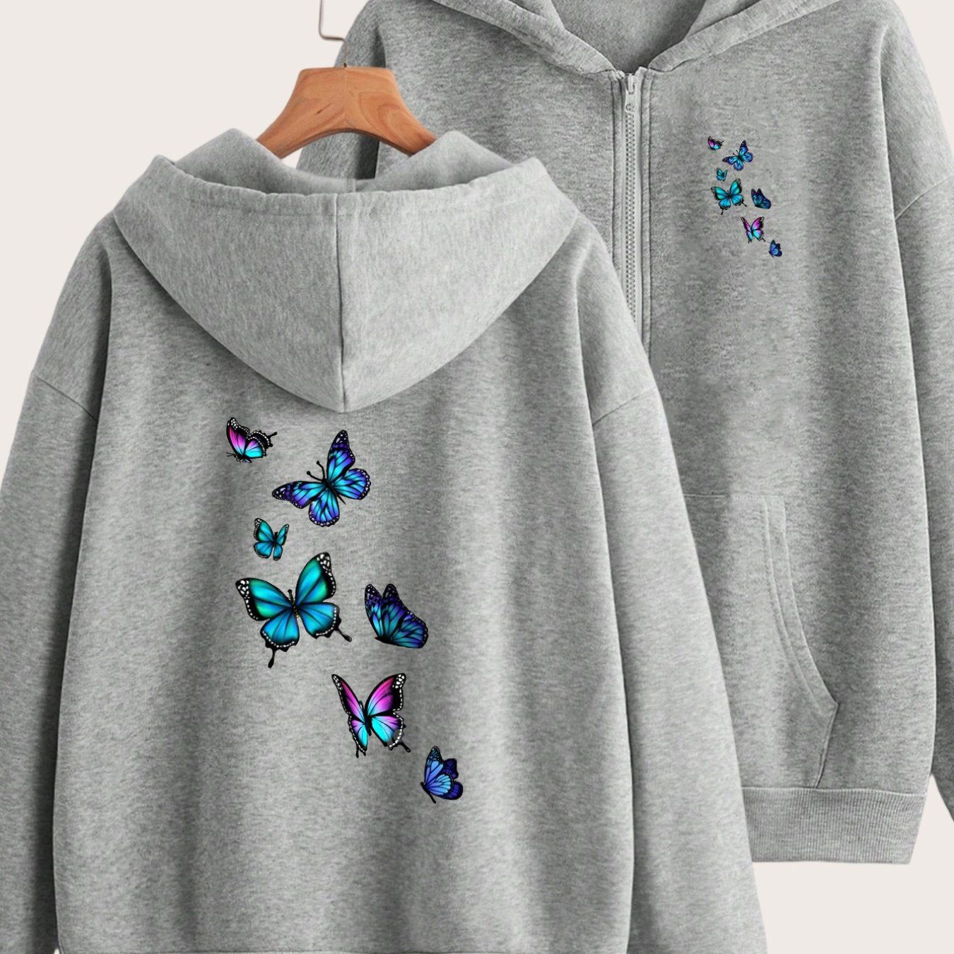 Vivid and Lively Multi-colored Butterfly Print Design with Two Pattern Prints on the Front and Back - Y2K Casual Style Zip-up Hoodie - Stylish and Comfortable Zip-up Jacket - Casual Sportswear Suitable for All Seasons | Fashionable Casual