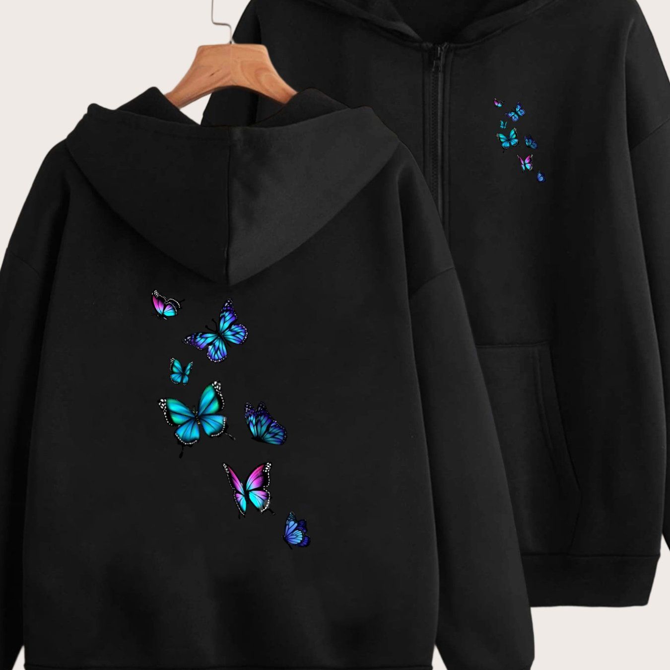 Vivid and Lively Multi-colored Butterfly Print Design with Two Pattern Prints on the Front and Back - Y2K Casual Style Zip-up Hoodie - Stylish and Comfortable Zip-up Jacket - Casual Sportswear Suitable for All Seasons | Fashionable Casual