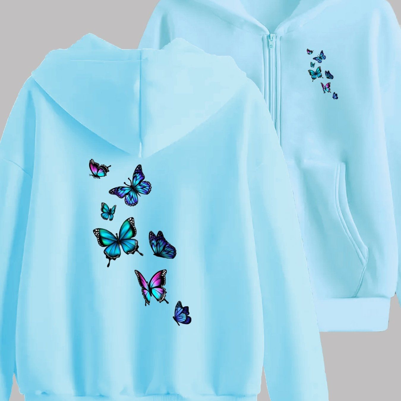 Vivid and Lively Multi-colored Butterfly Print Design with Two Pattern Prints on the Front and Back - Y2K Casual Style Zip-up Hoodie - Stylish and Comfortable Zip-up Jacket - Casual Sportswear Suitable for All Seasons | Fashionable Casual