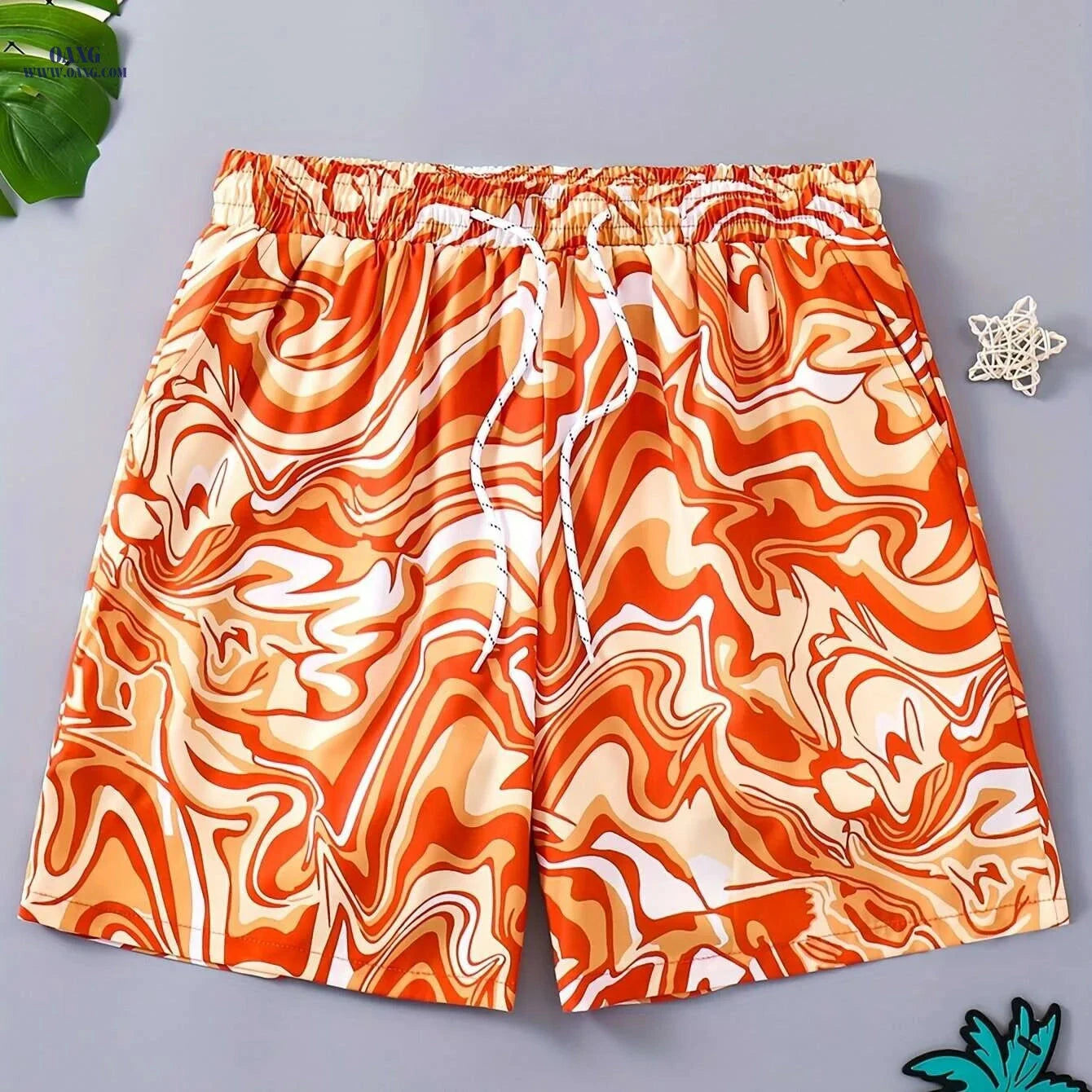 Vortex Pattern Men's Summer Drawstring Shorts - Casual Beach & Leisure   OAXG Orange / S