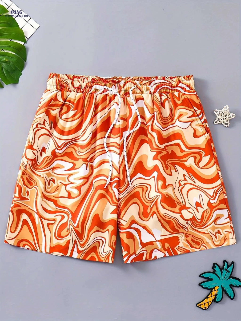 Vortex Pattern Men's Summer Drawstring Shorts - Casual Beach & Leisure   OAXG Orange / S