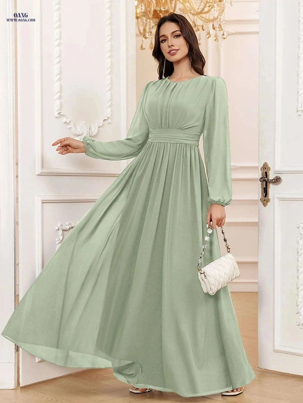 VT VOLLY TOYCH Elegant A-Line Chiffon Bridesmaid Dress - Long Sleeve   OAXG Matcha Color / XS