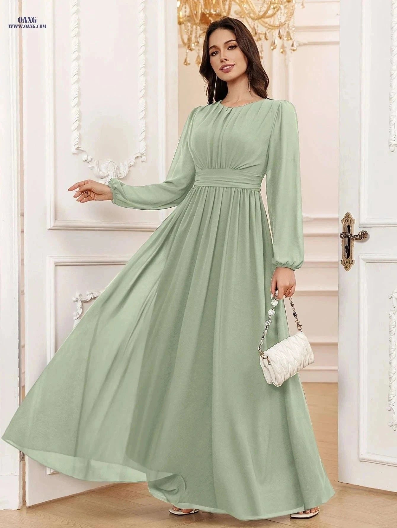 VT VOLLY TOYCH Elegant A-Line Chiffon Bridesmaid Dress - Long Sleeve   OAXG Matcha Color / XS