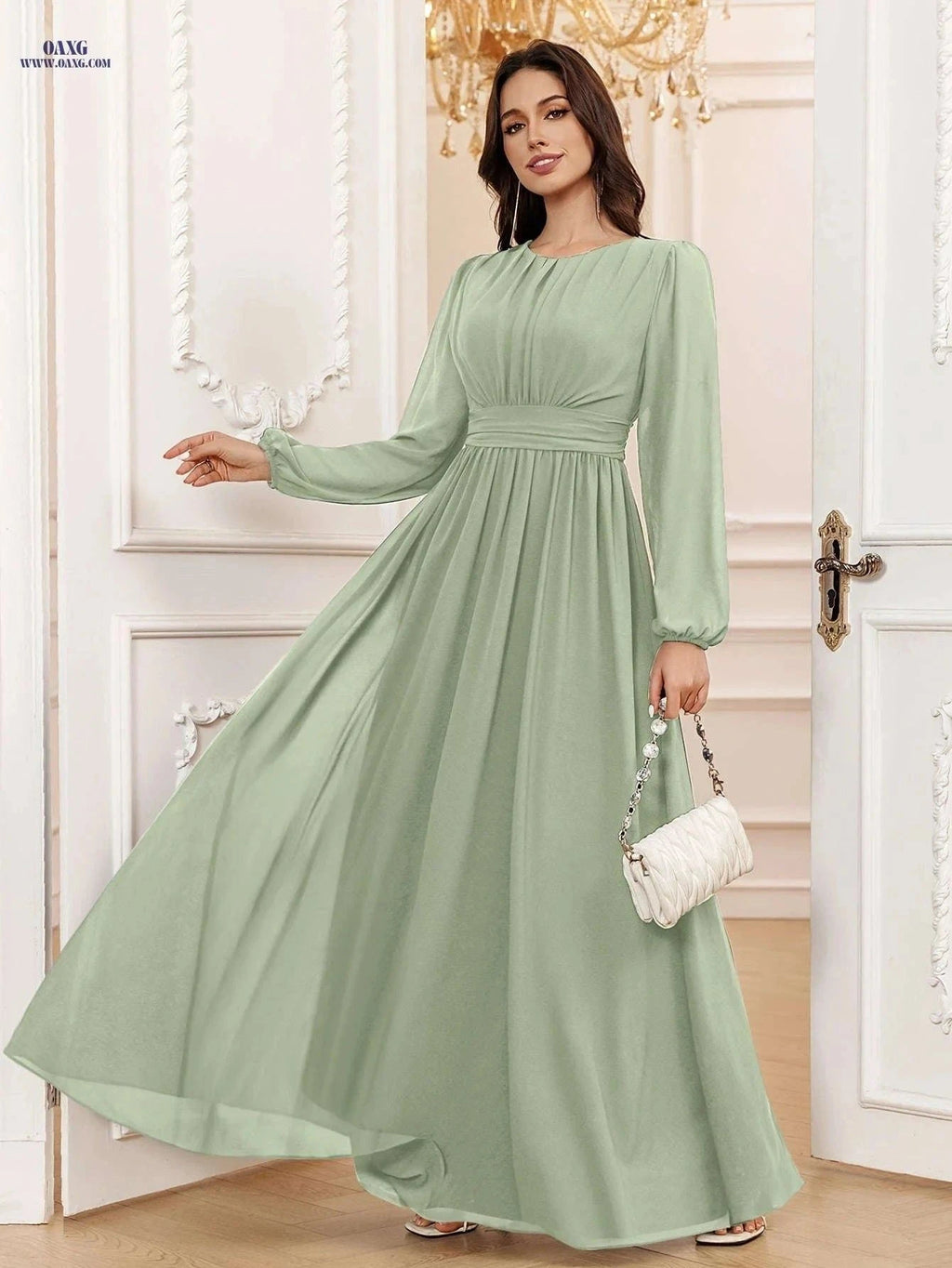 VT VOLLY TOYCH Elegant A-Line Chiffon Bridesmaid Dress - Long Sleeve   OAXG Matcha Color / XS