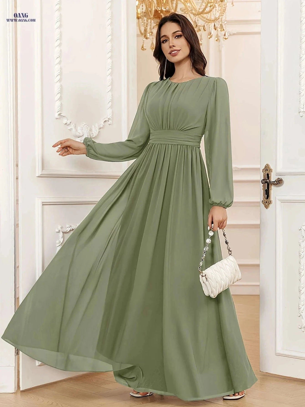 VT VOLLY TOYCH Elegant A-Line Chiffon Bridesmaid Dress - Long Sleeve   OAXG Matcha Color / XS