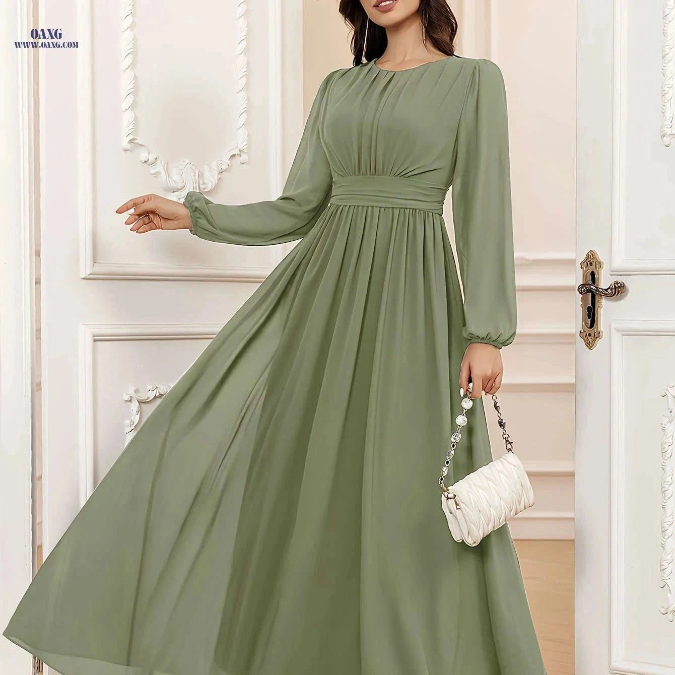 VT VOLLY TOYCH Elegant A-Line Chiffon Bridesmaid Dress - Long Sleeve   OAXG Matcha Color / XS