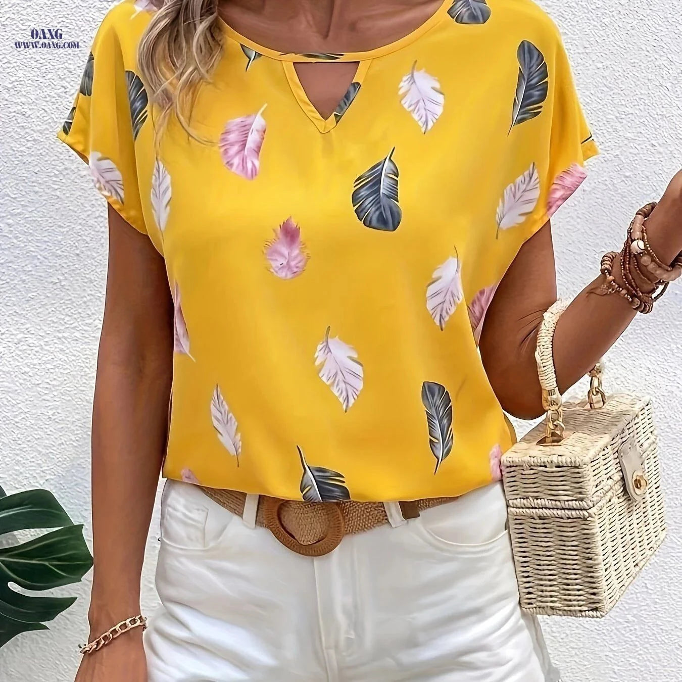 W8073 Women's Elegant V-Neck Batwing Sleeve Shirt - All-Over Print   OAXG White / S