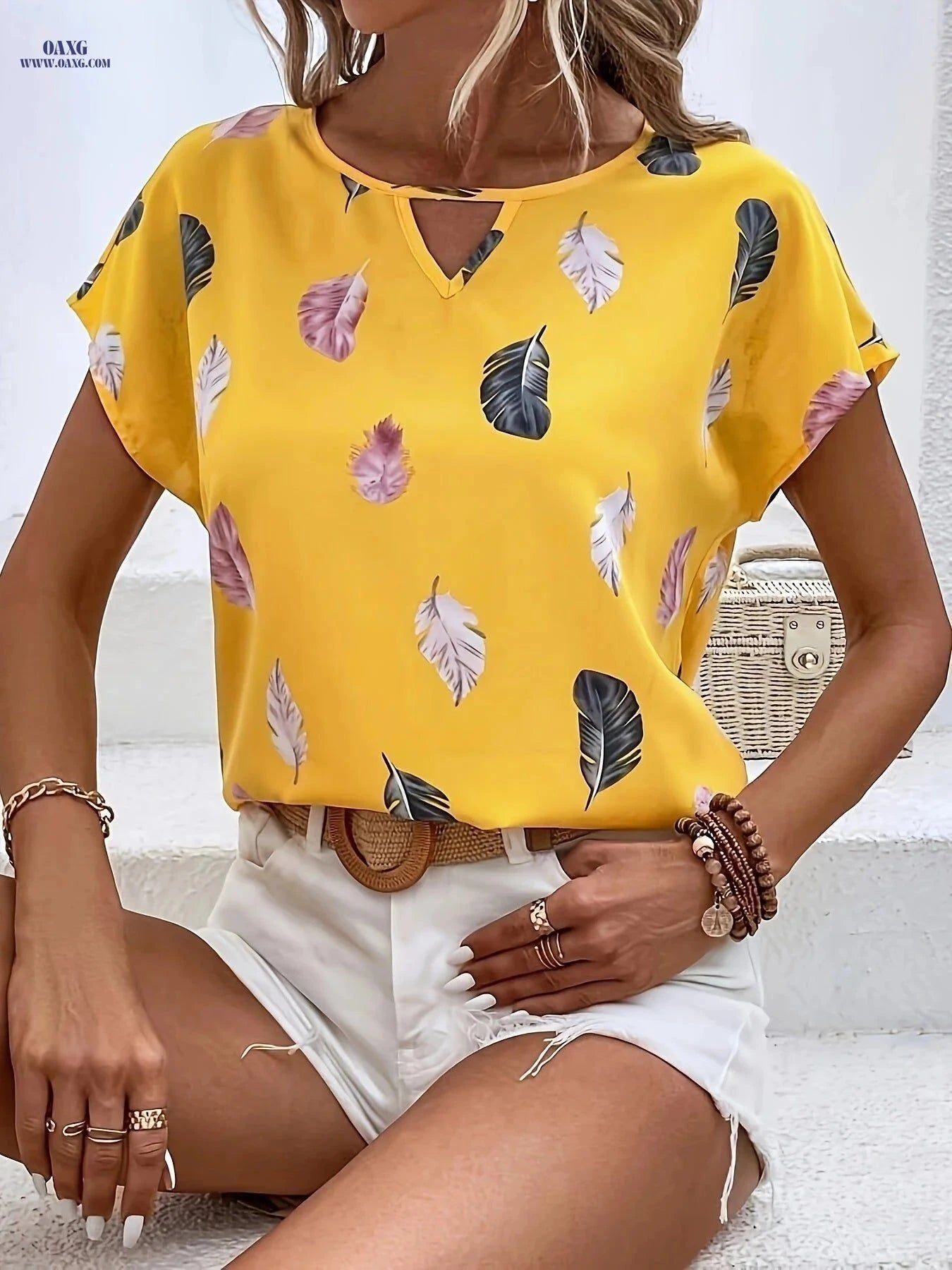 W8073 Women's Elegant V-Neck Batwing Sleeve Shirt - All-Over Print   OAXG White / S
