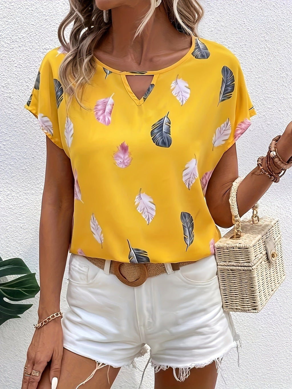 W8073 Women's Spring/Summer Elegant All-Over Print Notched V-Neck Batwing Sleeve Shirt   OAXG White / S