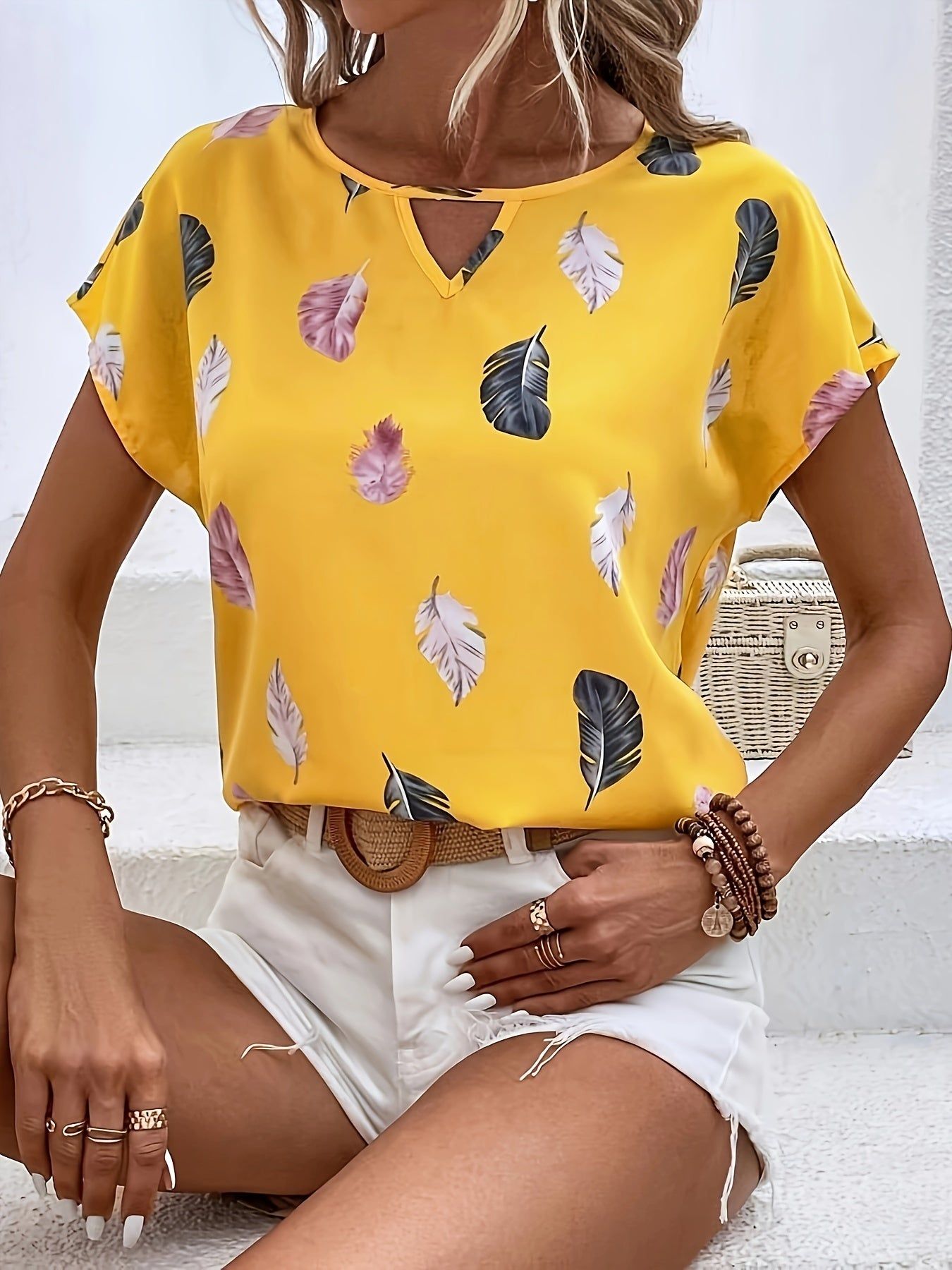 W8073 Women's Spring/Summer Elegant All-Over Print Notched V-Neck Batwing Sleeve Shirt   OAXG White / S