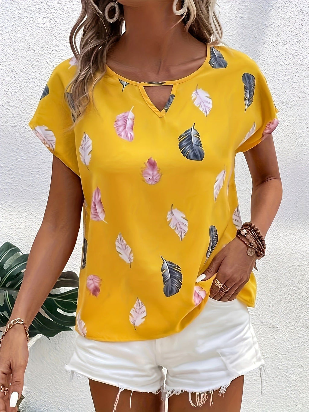 W8073 Women's Spring/Summer Elegant All-Over Print Notched V-Neck Batwing Sleeve Shirt   OAXG White / S