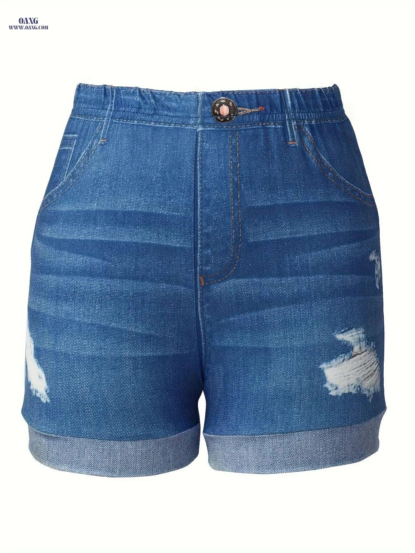 Western Denim Print Waist Jean Shorts - Casual Summer Style   OAXG 