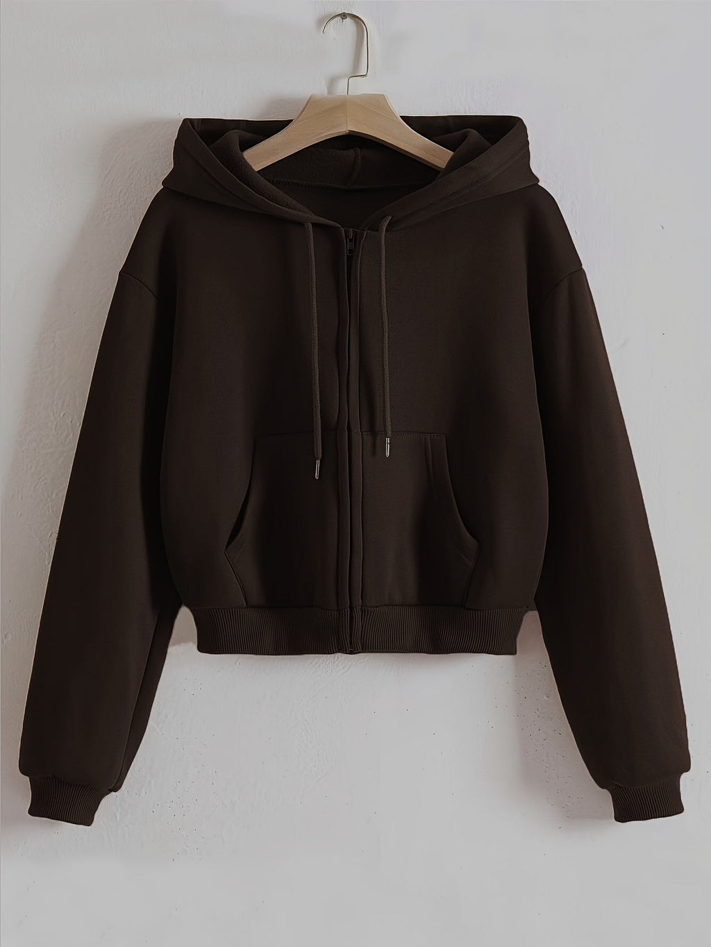 Western Solid Color Zip-Up Hooded Sweatshirt Women'S Fall Winter Fleece Thickened Kangaroo Pouch Short Open Cardigan Casual Athletic Top   OAXG Coffee Brown / XS