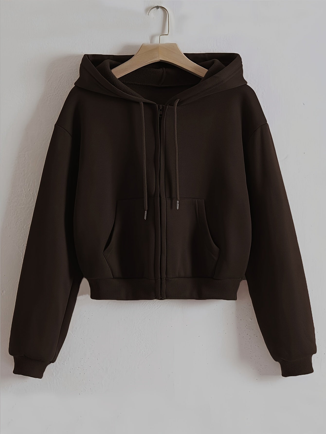 Western Solid Color Zip-Up Hooded Sweatshirt Women'S Fall Winter Fleece Thickened Kangaroo Pouch Short Open Cardigan Casual Athletic Top   OAXG Coffee Brown / XS
