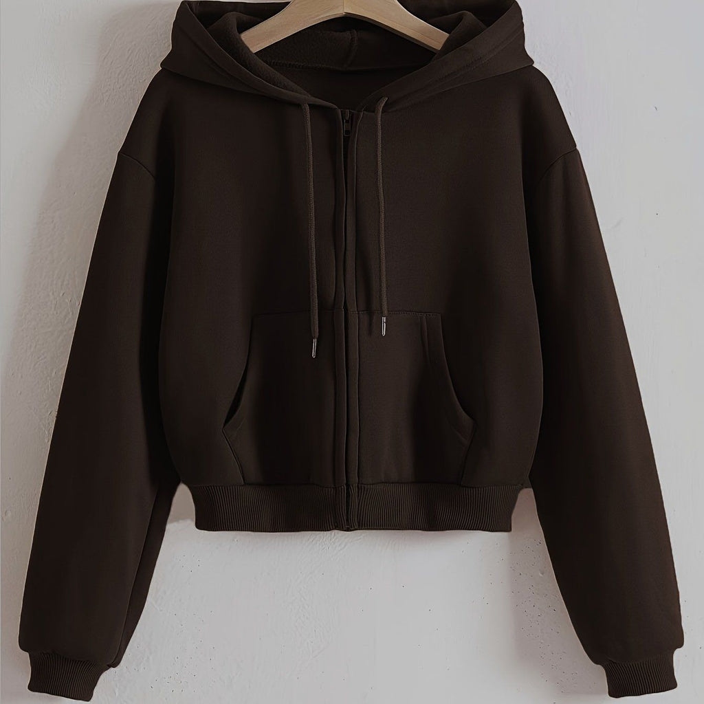 Western Solid Color Zip-Up Hooded Sweatshirt Women'S Fall Winter Fleece Thickened Kangaroo Pouch Short Open Cardigan Casual Athletic Top   OAXG Coffee Brown / XS