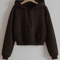 Western Solid Color Zip-Up Hooded Sweatshirt Women'S Fall Winter Fleece Thickened Kangaroo Pouch Short Open Cardigan Casual Athletic Top   OAXG Coffee Brown / XS