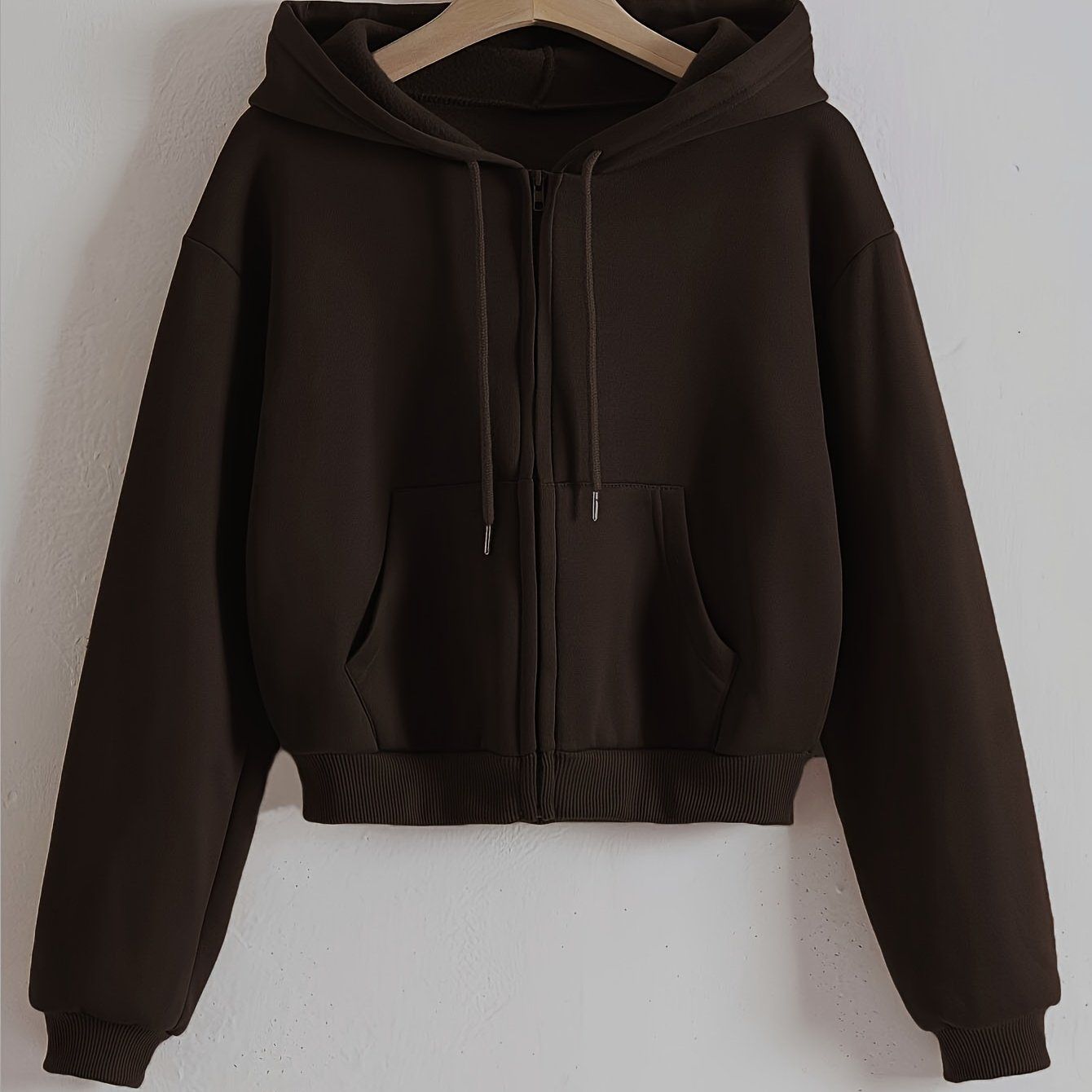 Western Solid Color Zip-Up Hooded Sweatshirt Women'S Fall Winter Fleece Thickened Kangaroo Pouch Short Open Cardigan Casual Athletic Top   OAXG Coffee Brown / XS