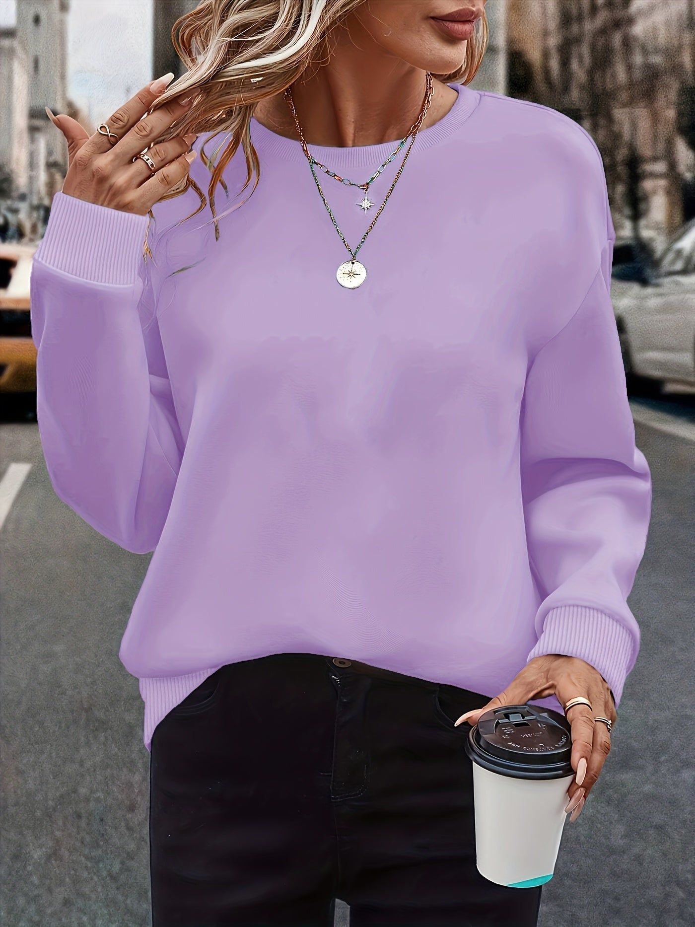 Western Women'S Fashion Solid Color Versatile Round Neck Sweatshirt Autumn Winter Fleece Thickened Loose Casual Athletic Top   OAXG Light Purple / S