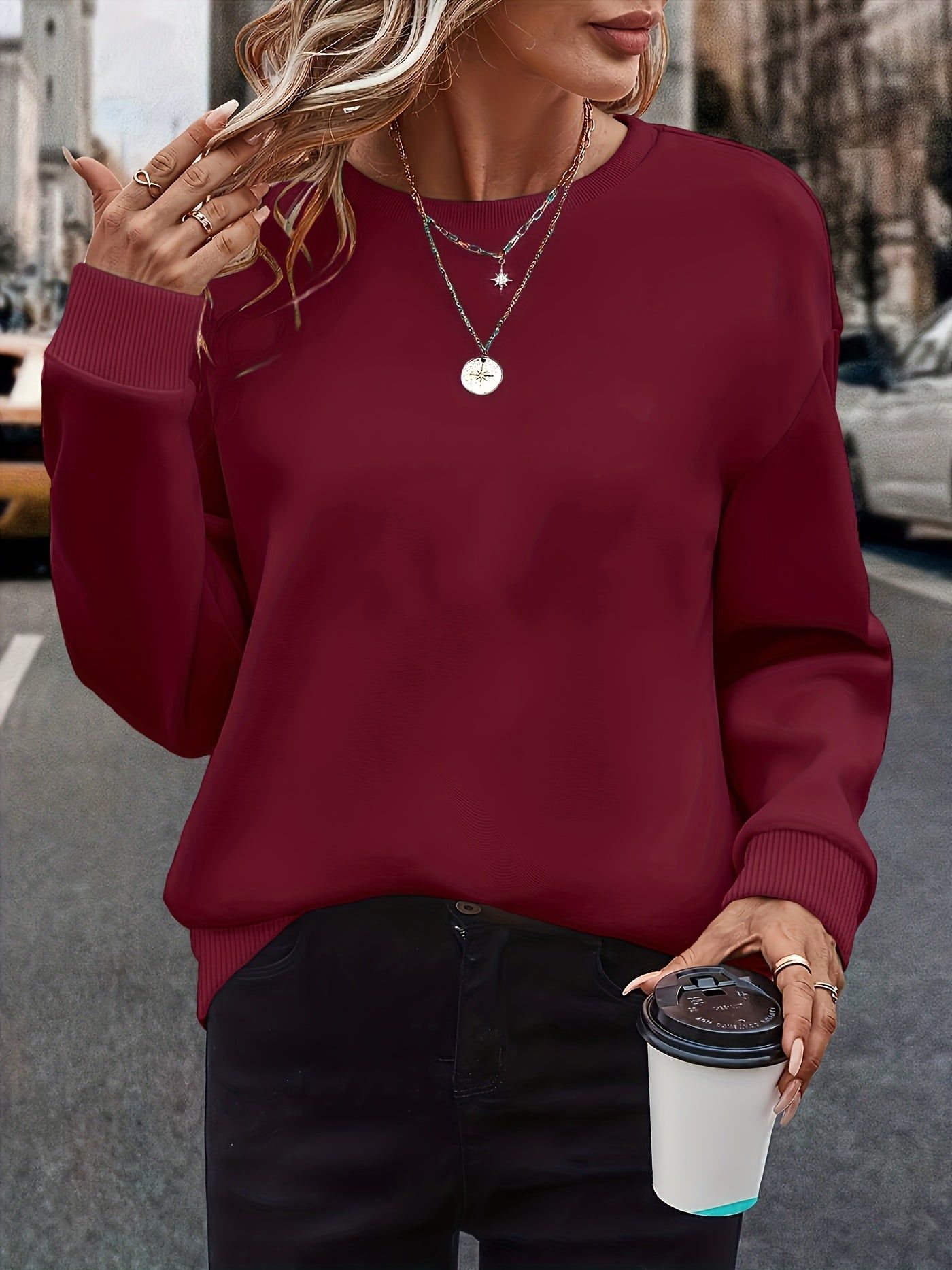 Western Women'S Fashion Solid Color Versatile Round Neck Sweatshirt Autumn Winter Fleece Thickened Loose Casual Athletic Top   OAXG Light Purple / S