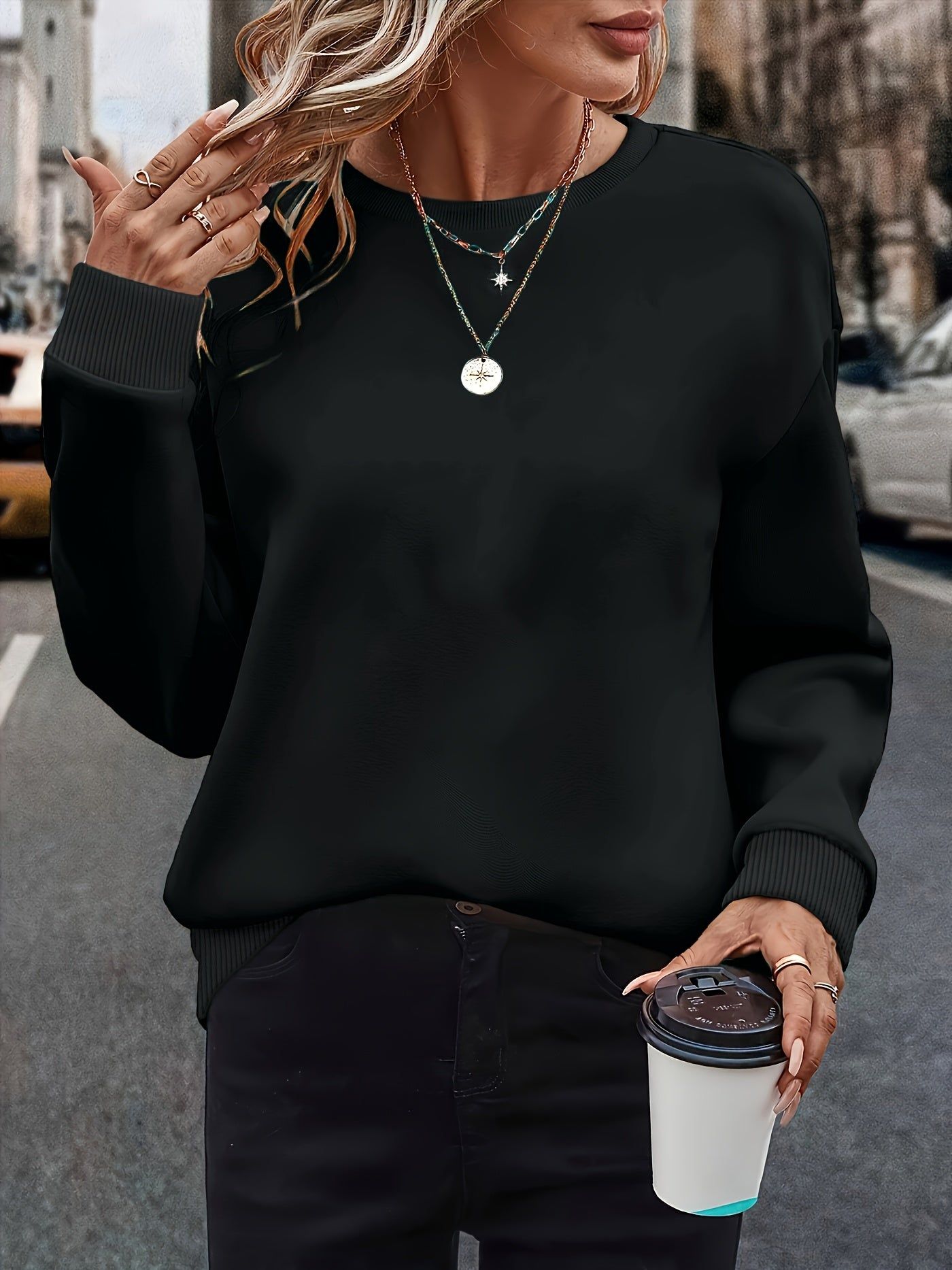 Western Women'S Fashion Solid Color Versatile Round Neck Sweatshirt Autumn Winter Fleece Thickened Loose Casual Athletic Top   OAXG Light Purple / S