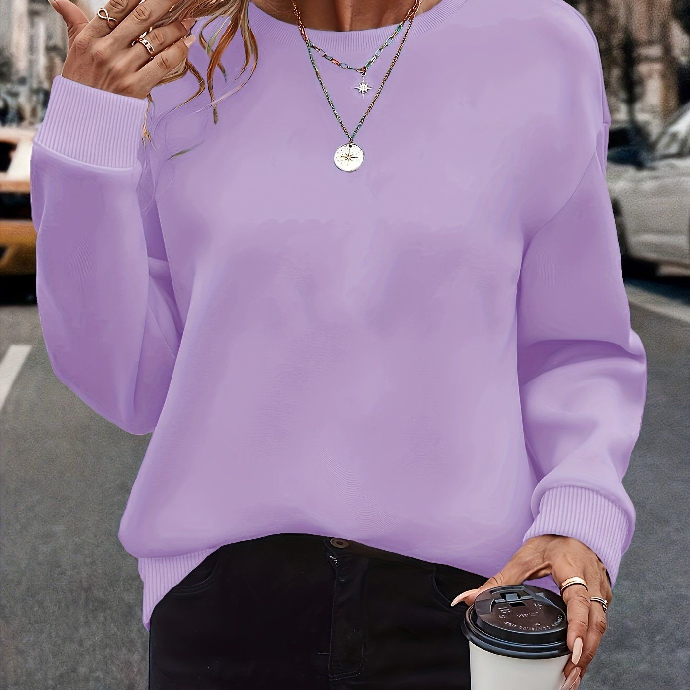 Western Women'S Fashion Solid Color Versatile Round Neck Sweatshirt Autumn Winter Fleece Thickened Loose Casual Athletic Top   OAXG Light Purple / S