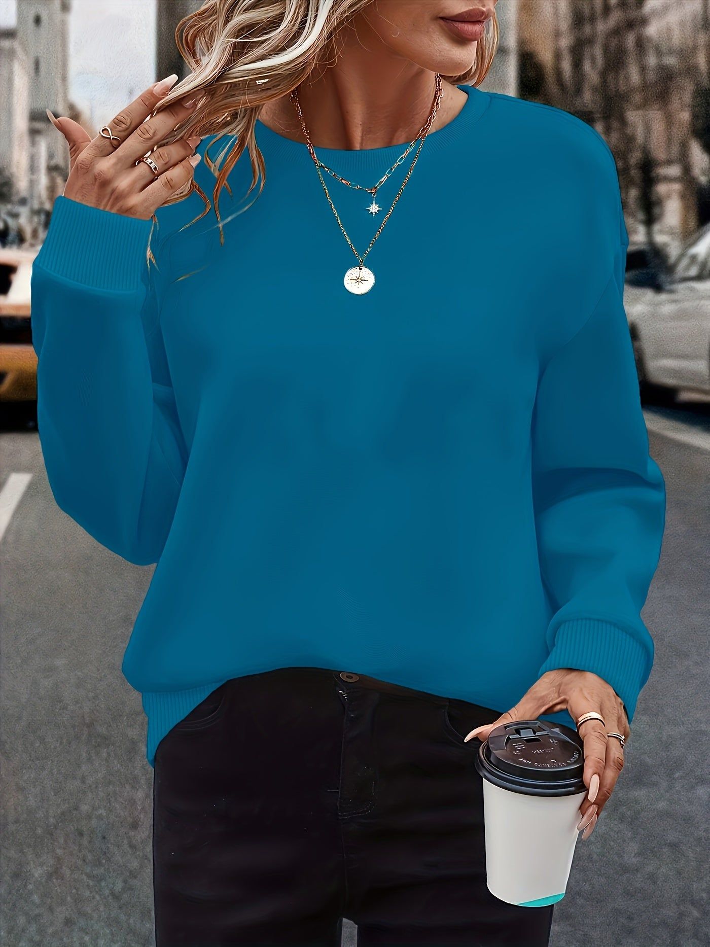 Western Women'S Fashion Solid Color Versatile Round Neck Sweatshirt Autumn Winter Fleece Thickened Loose Casual Athletic Top   OAXG Light Purple / S