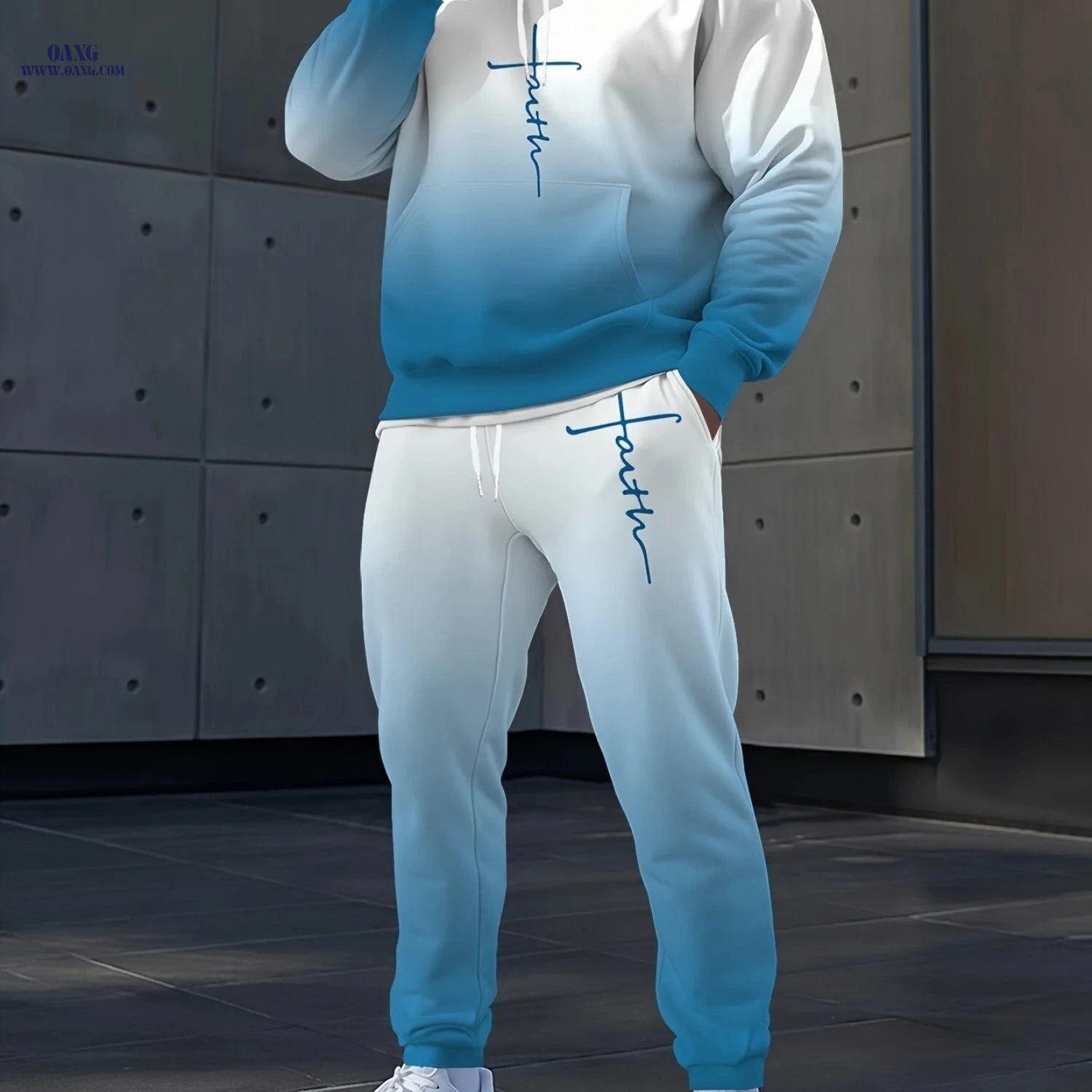 White & Blue Gradient Men's Suit - Casual Pullover & Pants Set   OAXG 