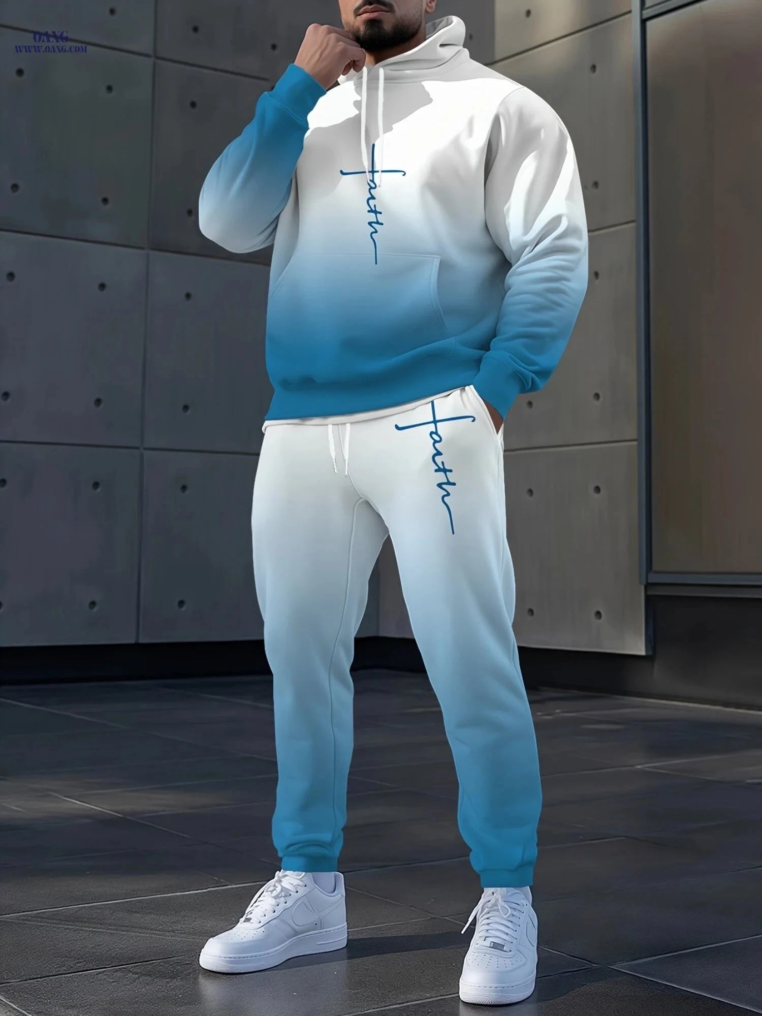 White & Blue Gradient Men's Suit - Casual Pullover & Pants Set   OAXG 