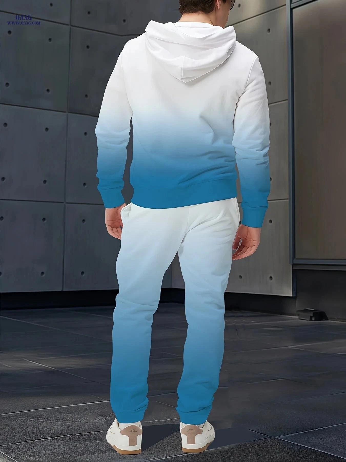 White & Blue Gradient Men's Suit - Casual Pullover & Pants Set   OAXG WCBD983 / FR S