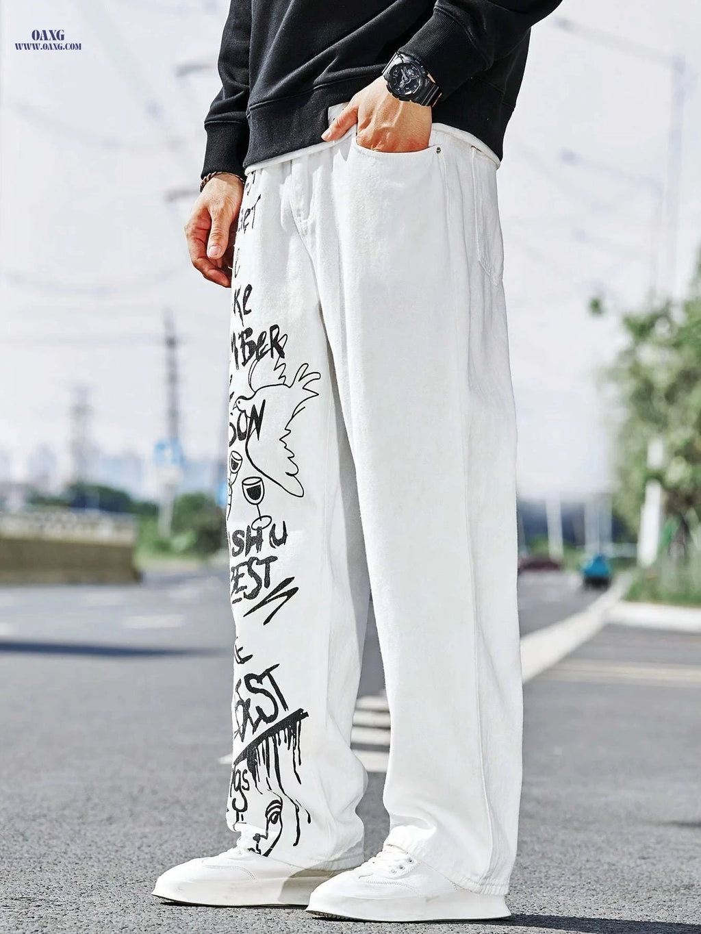 White Classic Men's Denim Jeans - Graffiti Lettering Casual Pants   OAXG 