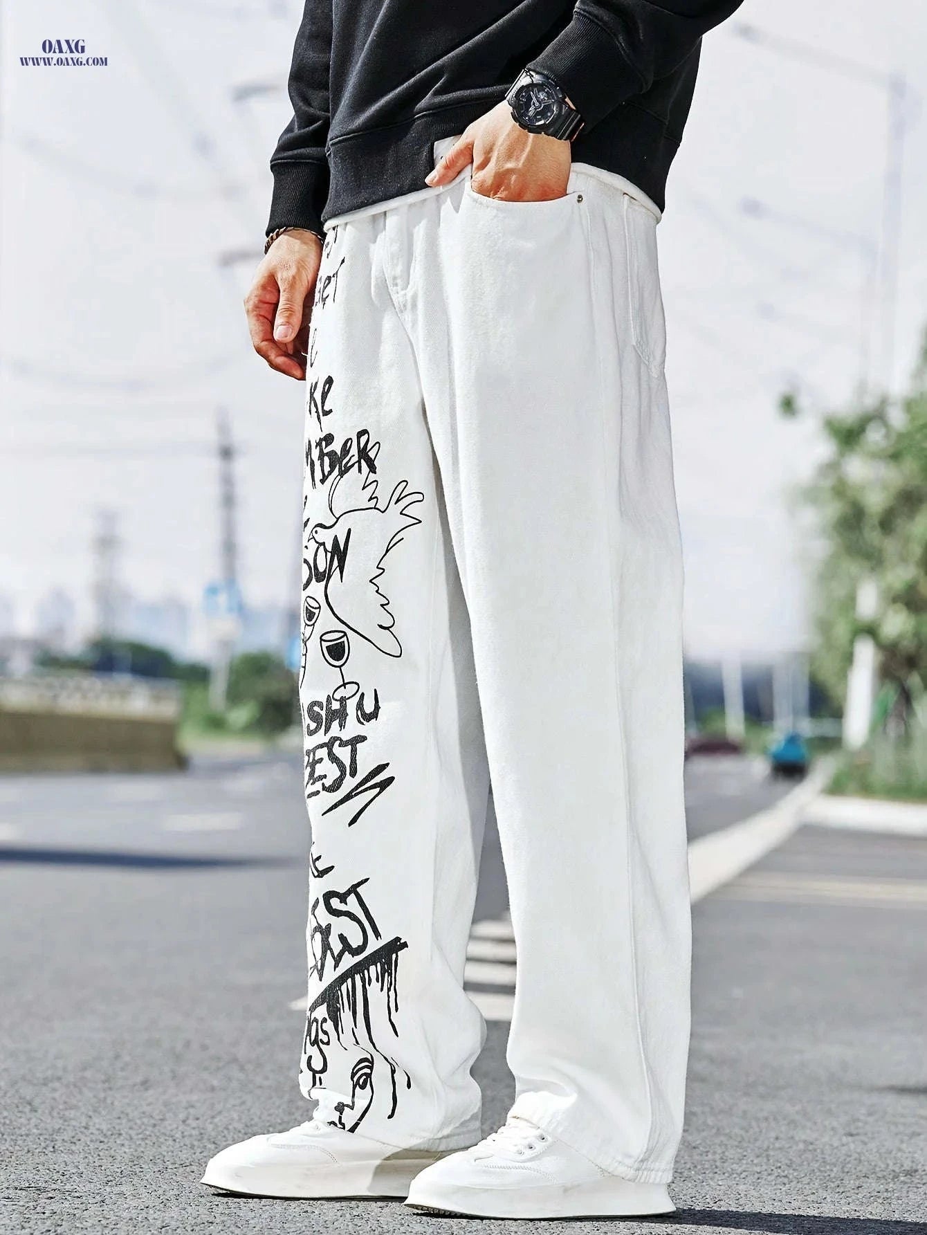 White Classic Men's Denim Jeans - Graffiti Lettering Casual Pants   OAXG 