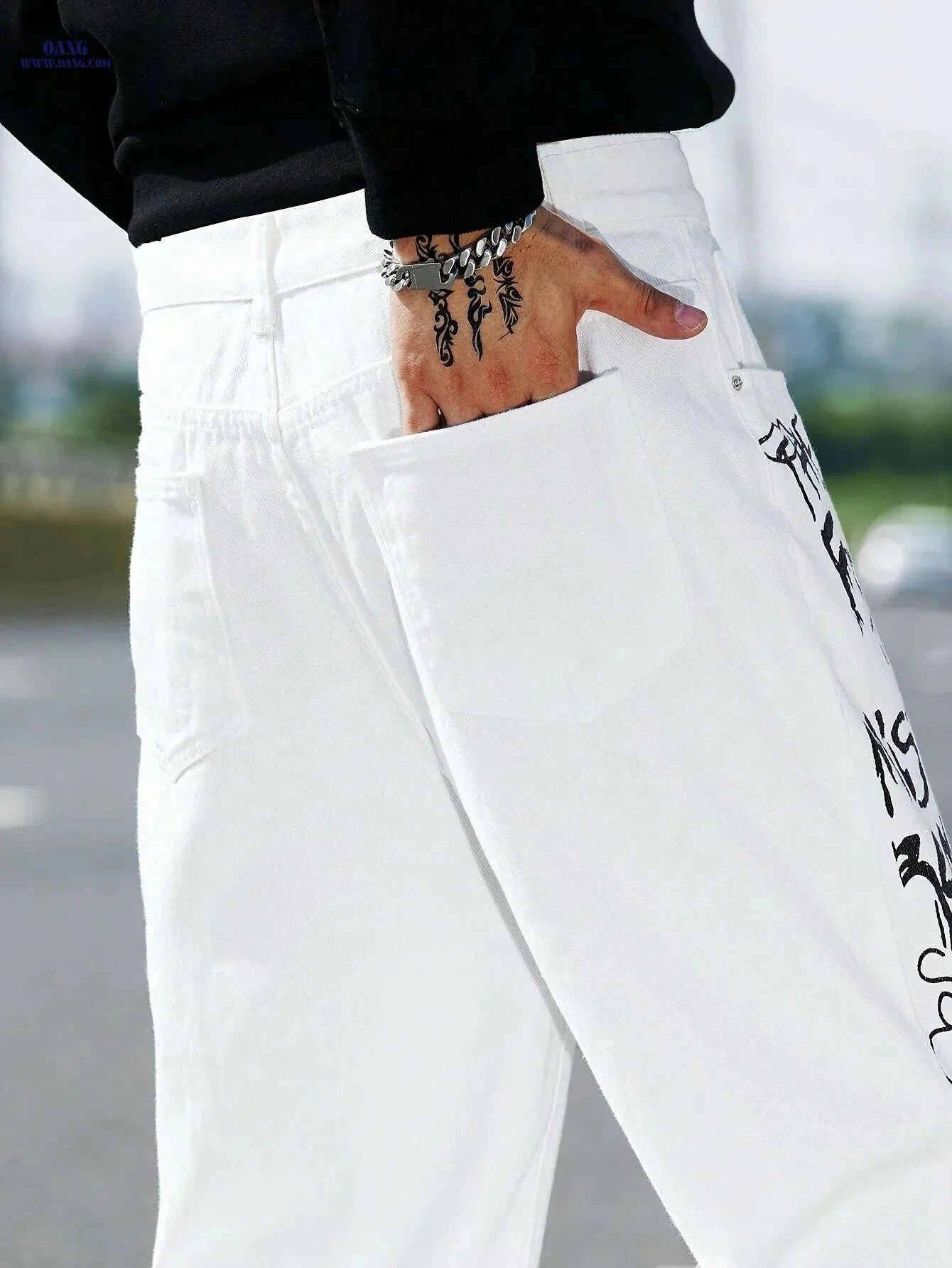 White Classic Men's Denim Jeans - Graffiti Lettering Casual Pants   OAXG 