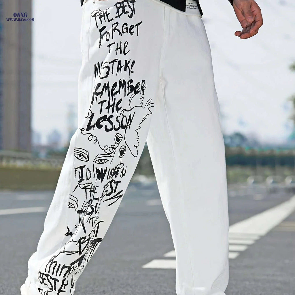 White Classic Men's Denim Jeans - Graffiti Lettering Casual Pants   OAXG White / FR S