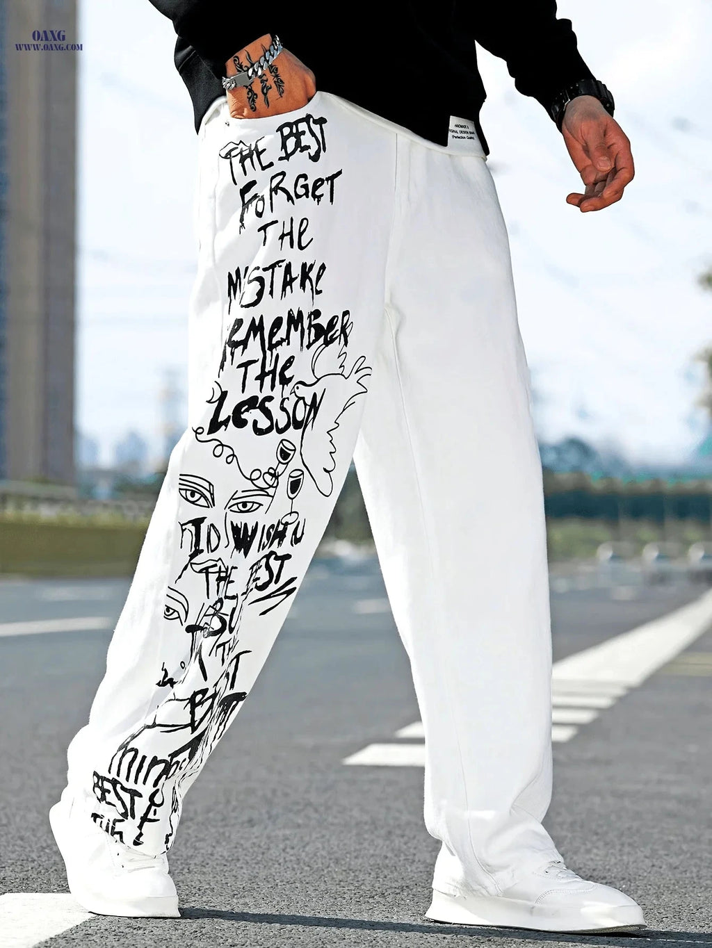 White Classic Men's Denim Jeans - Graffiti Lettering Casual Pants   OAXG White / FR S